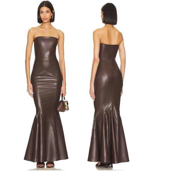 NWT Norma Kamali Strapless Faux Leather Fishtail Gown Chocolate Brown Size L - Picture 12 of 16